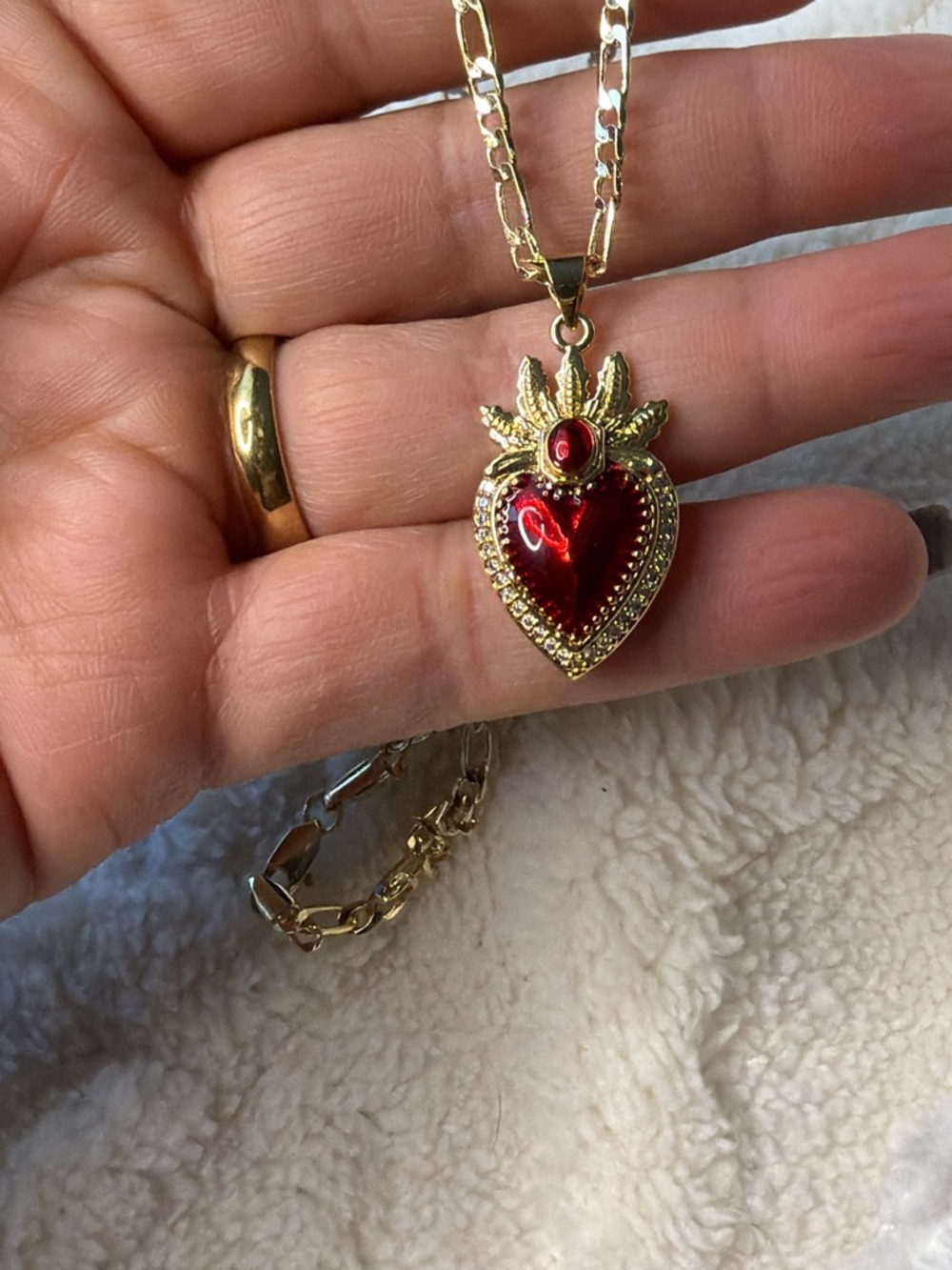 Gold-Tone Sacred Heart Pendant Necklace with Red Enamel
